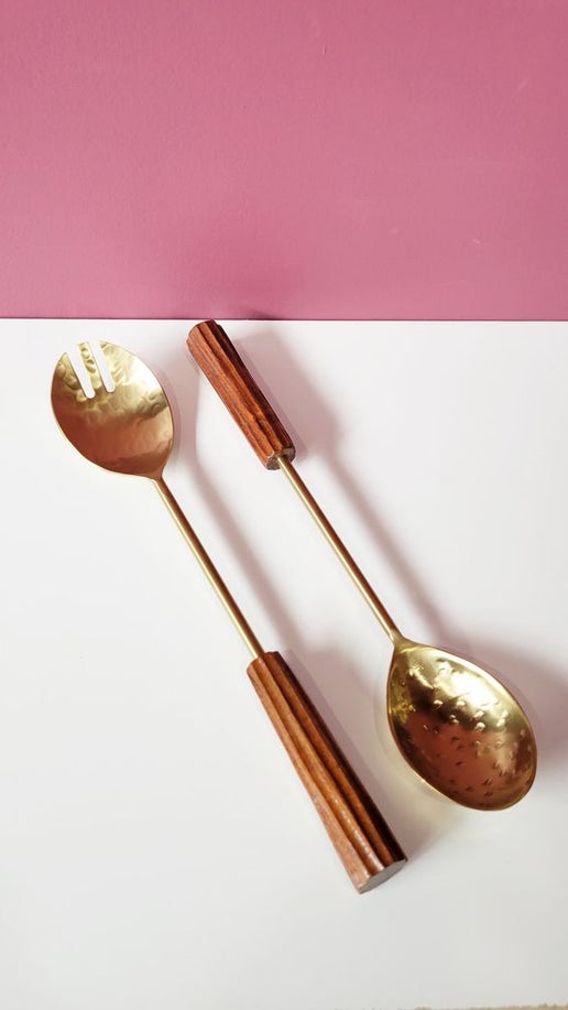 Hammered Gold Salad Server Set with Wooden Handles