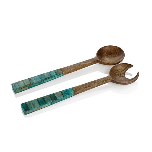 Mango Wood Salad Servers with Inlaid Bone Handle - Turquoise