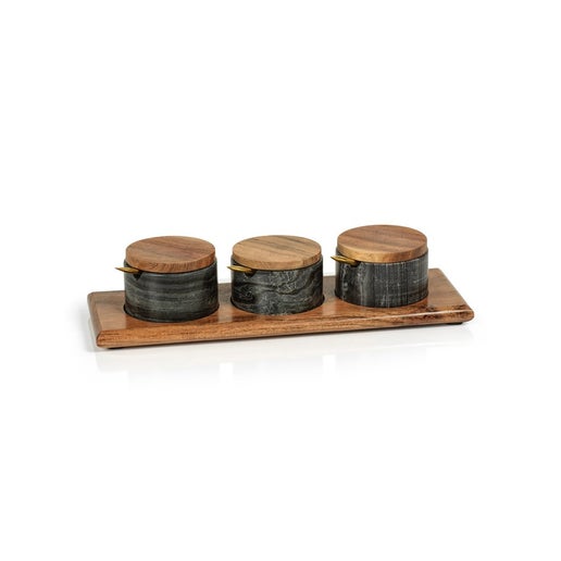 Nairobi Gray Marble and Acacia Wood Condiment set of 3