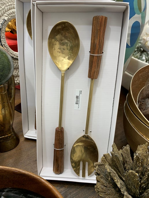Hammered Gold Salad Server Set with Wooden Handles