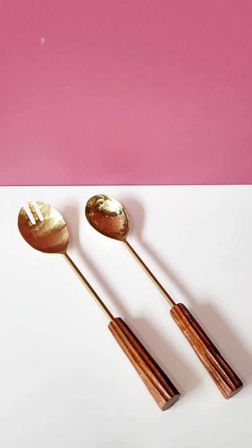 Hammered Gold Salad Server Set with Wooden Handles
