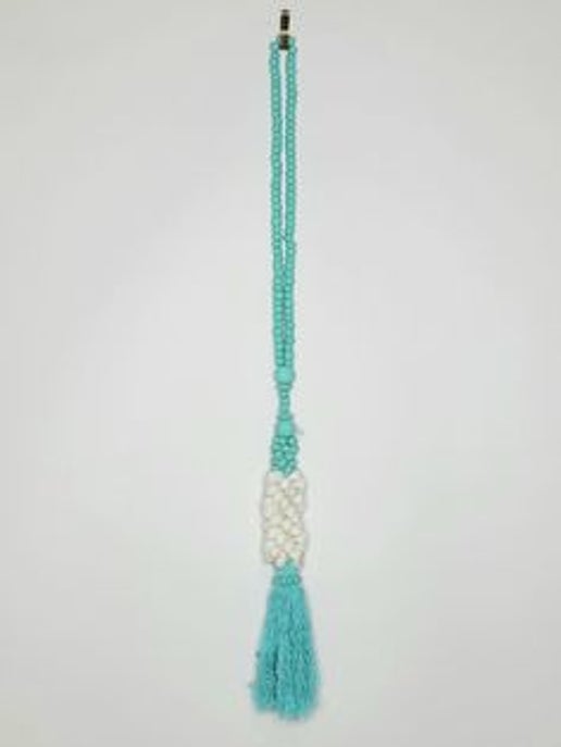 Long Turquoise Beaded Shell Necklace w/ tassel