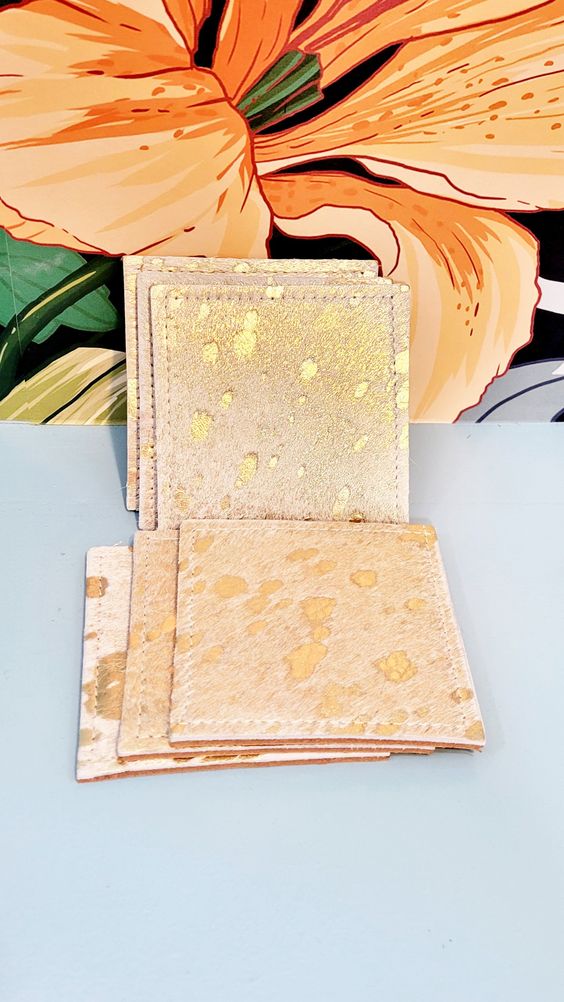Square Gold Dotted Cowhide Coasters - set of 6