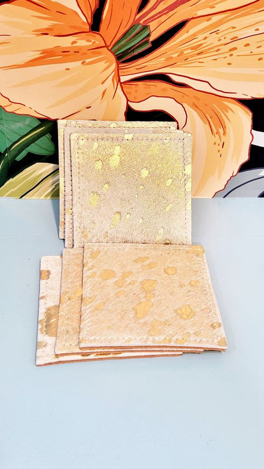 Square Gold Dotted Cowhide Coasters - set of 6