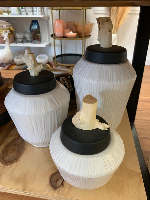White Wood Ceramic Canisters with Black Lids - Set of 3