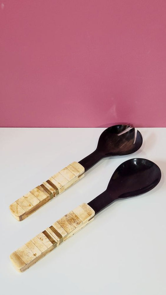 Variegated Horn with Antique Bone and Brass Trim Handle Salad Server Set