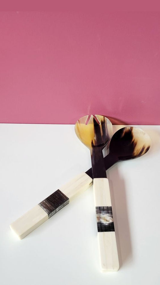 Variegated Horn with Bone Etched Handle Salad Server Set