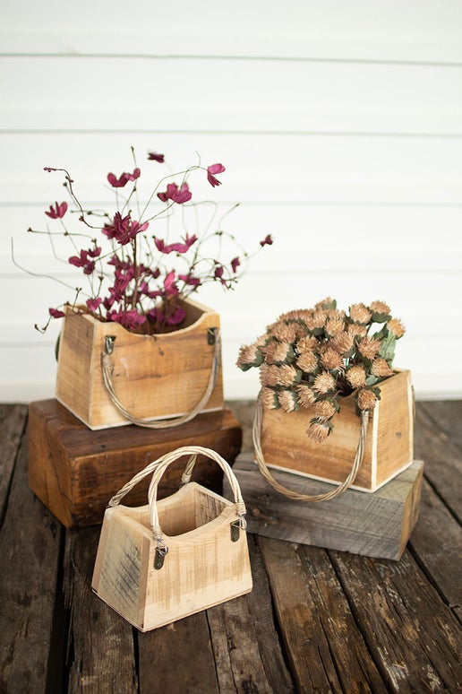 set of 3 - rustic recycled wood hand bag planters