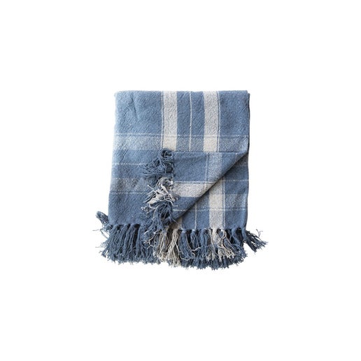 woven recycled cotton blend throw w/ fringe, blue plaid